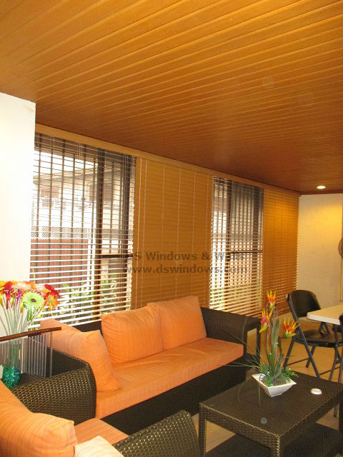 Cedar Foam Wood Blinds With Ceiling Plank Living Room Design - Taguig City, Philippines