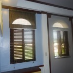 Walnut Color of Wooden Blinds with Grey and Cherry Colors of Roller Blinds